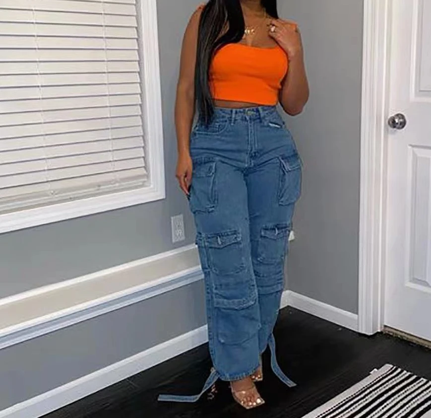 Women's Workwear Style Trousers 2025 Autumn Winter Latest Denim Trend Multi Pocket Plus Size Jeans Work High Waist Long Pants