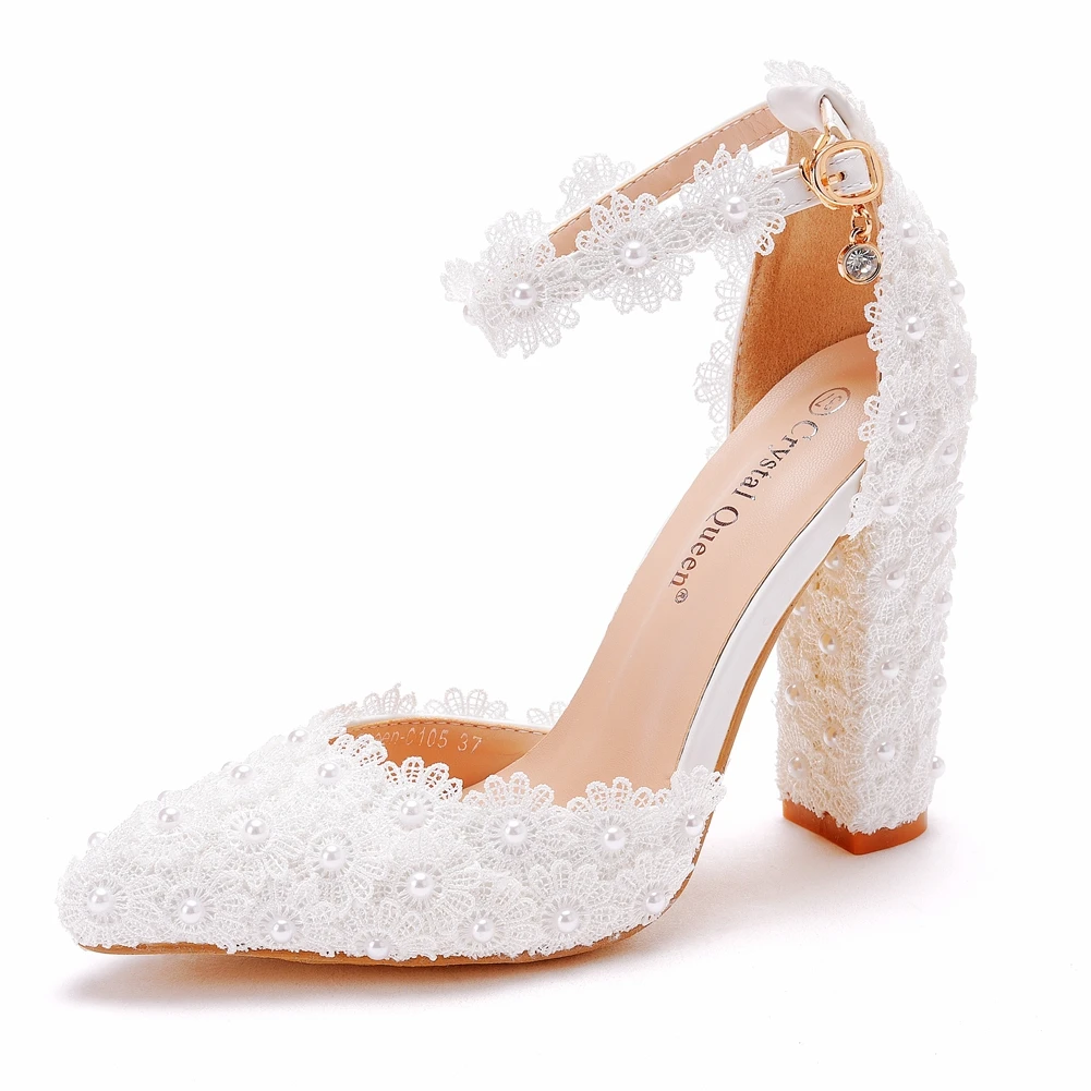 Crystal Queen Lace Flower Sandals Pointed Toe Pumps Dress Party Square High Heels Summer Women Weding Shoes