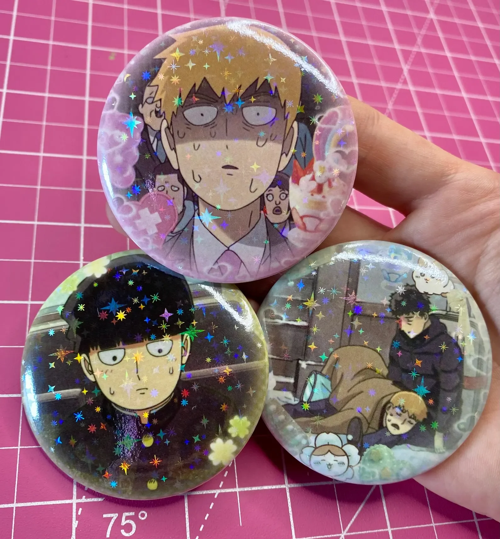 Mob Psycho 100 Jumbo Buttons Reigen Arataka Mob Anime Star Pins Cartoon Brooches Backpack Decor Fans Collectible Cosplay Gift