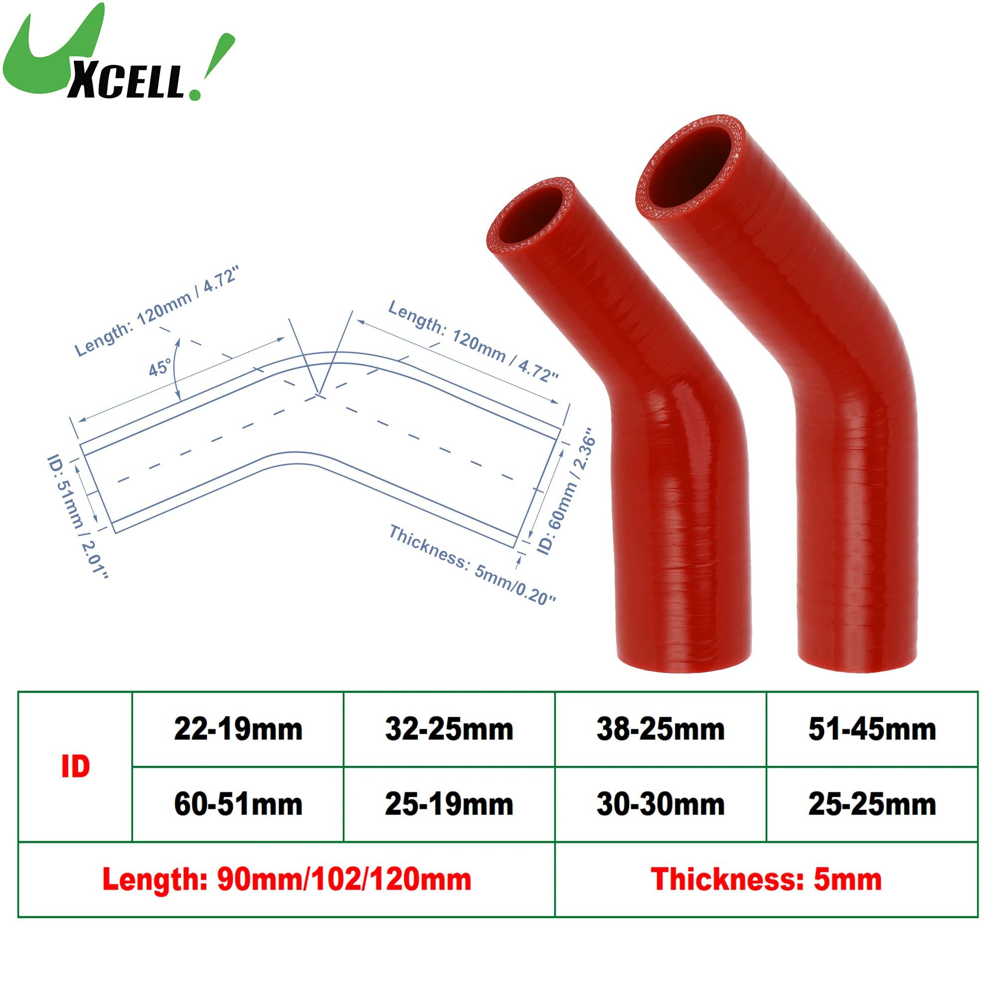 UXCELL 45 Degree 22-19mm 30-30mm 32-25mm 38-25mm 51-45mm 60-51mm ID Silicone Hose Coupler Intercooler Tube 90mm 120mm 120mm Long