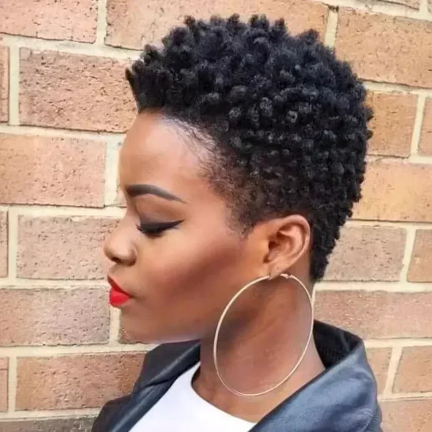 Pelucas de corte Pixie rizadas afro cortas de moda en cabello sintético negro para mujeres africanas, ideales para uso diario