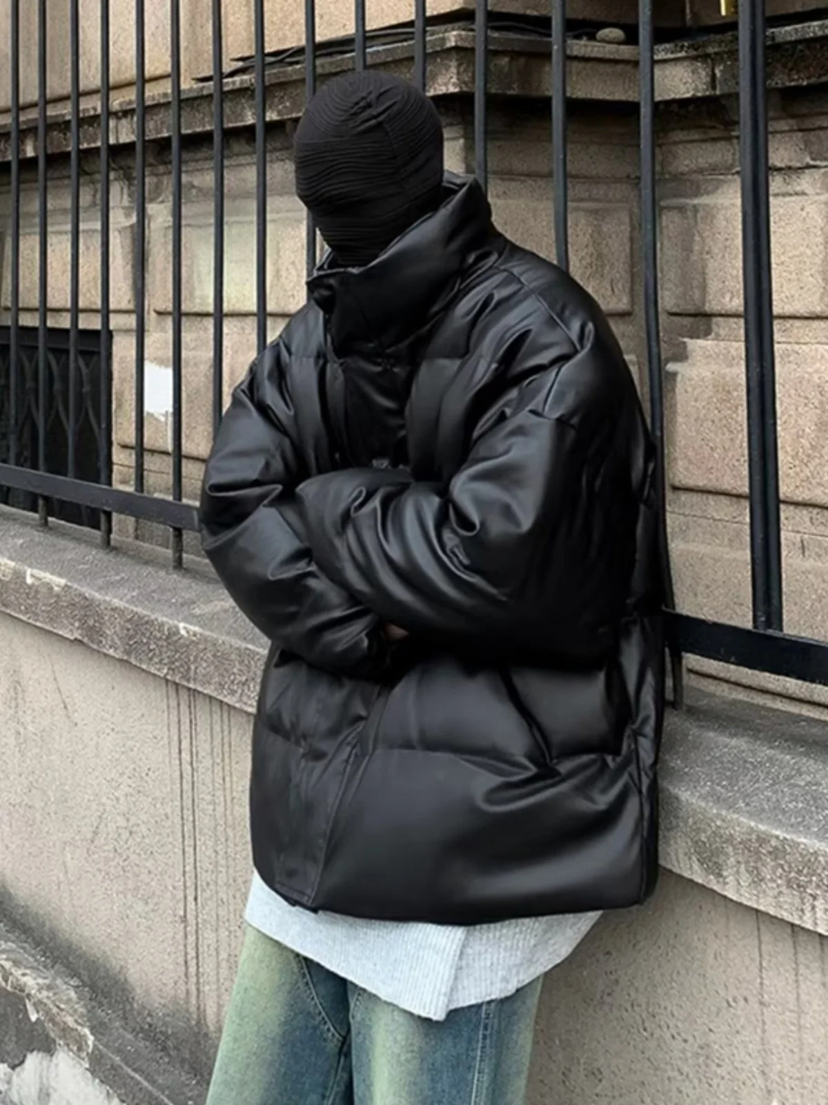 

Men's PU Leather Cotton Jaet Stand Collar Thiened Winter Coat Cleanfit American High Street Motorcycle Sle Casual Loose...