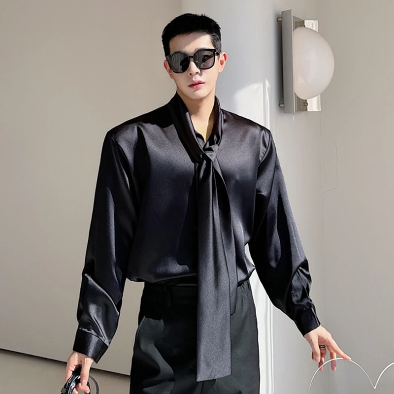 IEFB Korean Fashion Men\'s Shirt Bow Tie Design Loose Simple Fresh Long Sleeve Casual 2024 Spring Solid Color Male Tops 9C5081