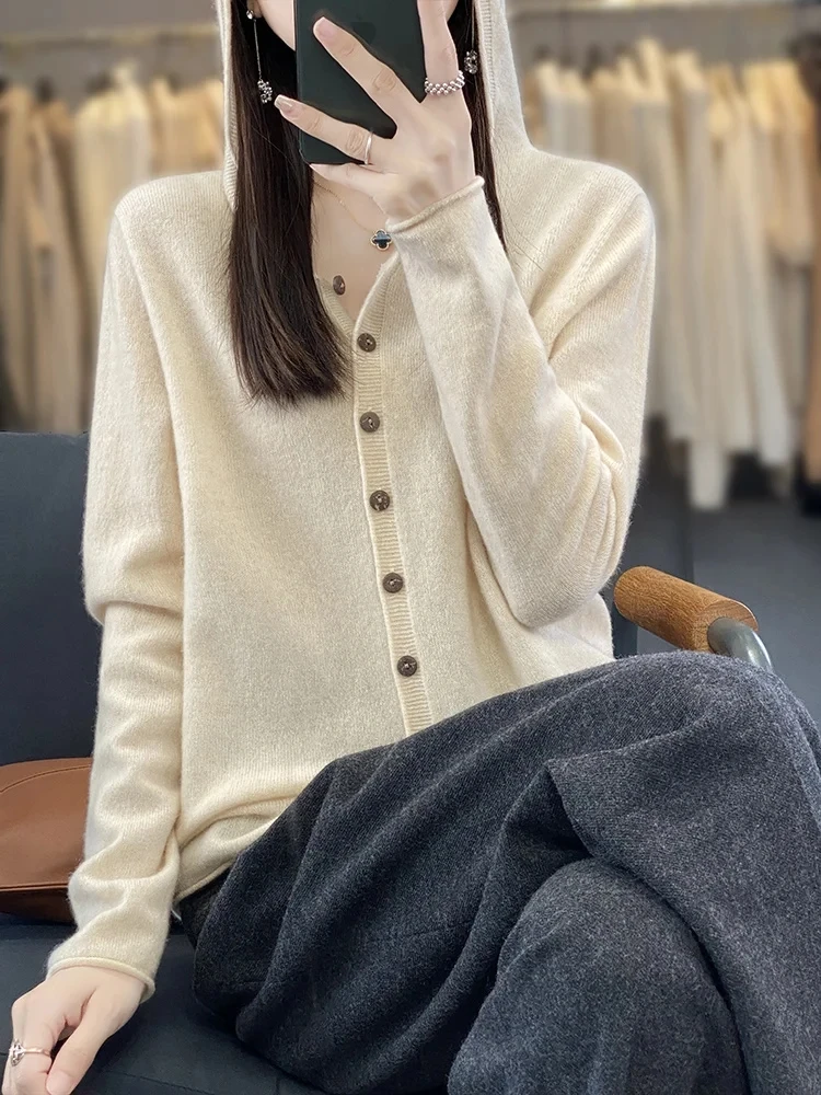 

100% Merino Wool Women's Hoodie Cardigan Spring Autumn Winter Sweater Korean Style Fashion Pure Wool Knitwear Women Clothing