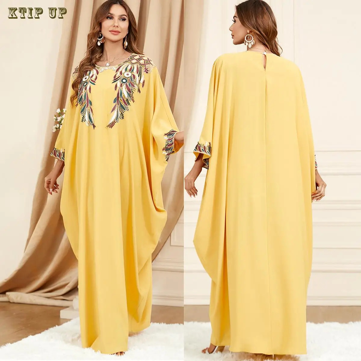 Middle East Yellow Bat Sleeve Kaftan, Dubai, Moroccan, Loose, Large, Abaya, Turkish, Muslim, Arab, Fashion