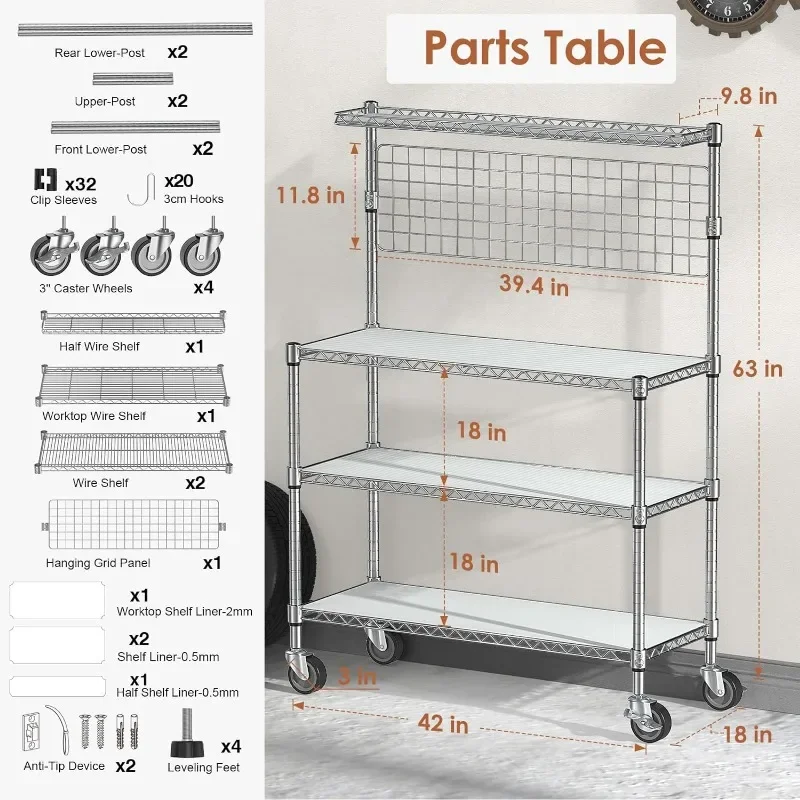 Kitchen Bakers Rack, NSF Certified 4-Tier Microwave Stand with Wheels 20 S-Hooks, Adjustable Heavy Duty Storage Rack