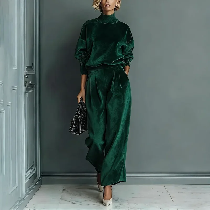 Fall Winter Wide Leg Trousers Suit Woman Elegant Turtleneck Top Pullover 2 Piece Set Casual Long Sleeve Solid Soft Velvet Outfit