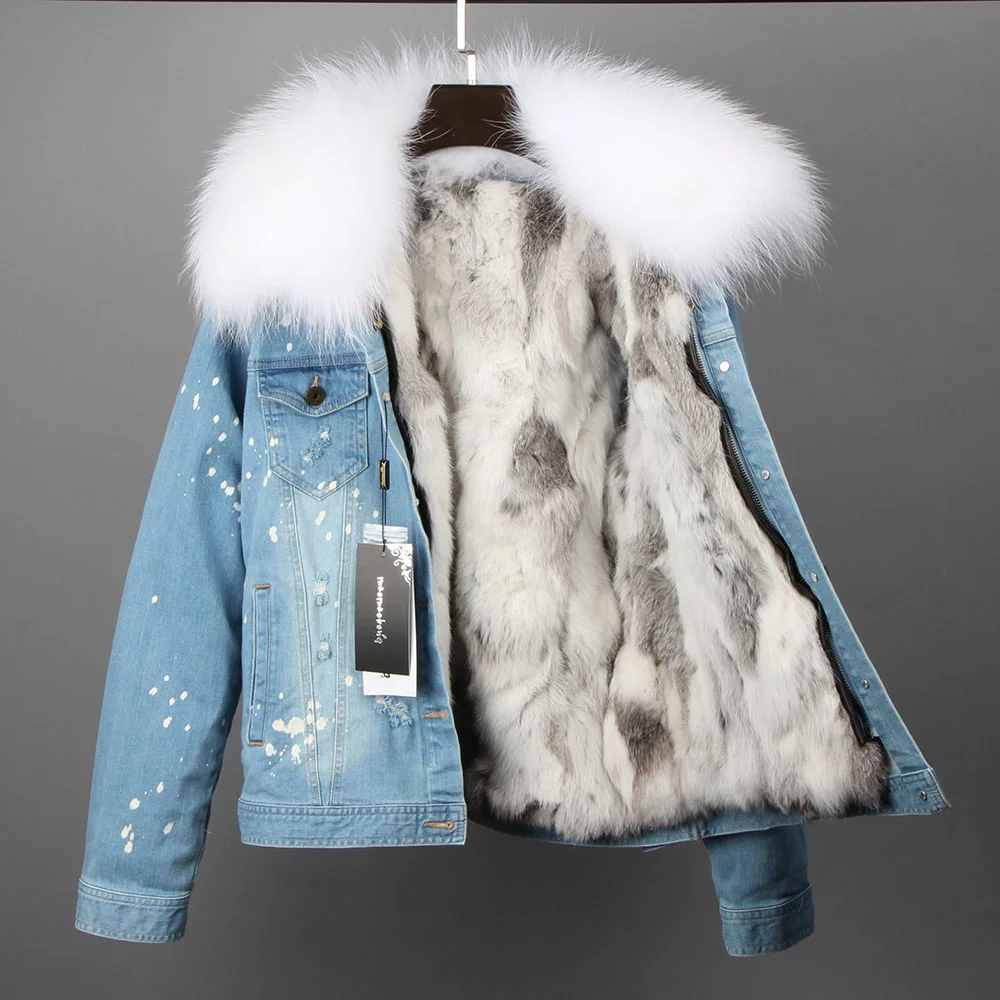 Brand New Denim Jacket 2023 Slim Rex Rabbit Hair Liner Super Large Raccoon Hairy Collar Jacket Long-sleeved Jacket Female Coat