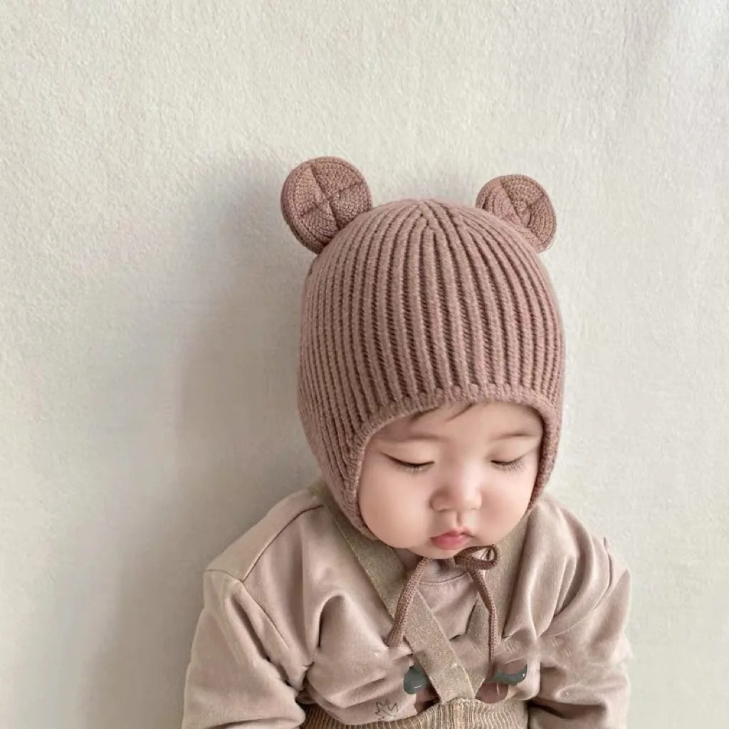 Solid Color Baby Knitted Hat Cute Cartoon Ear Protection Beanies Cap for Toddler Girl Boy Autumn Winter Warm Kids Bonnet Hats