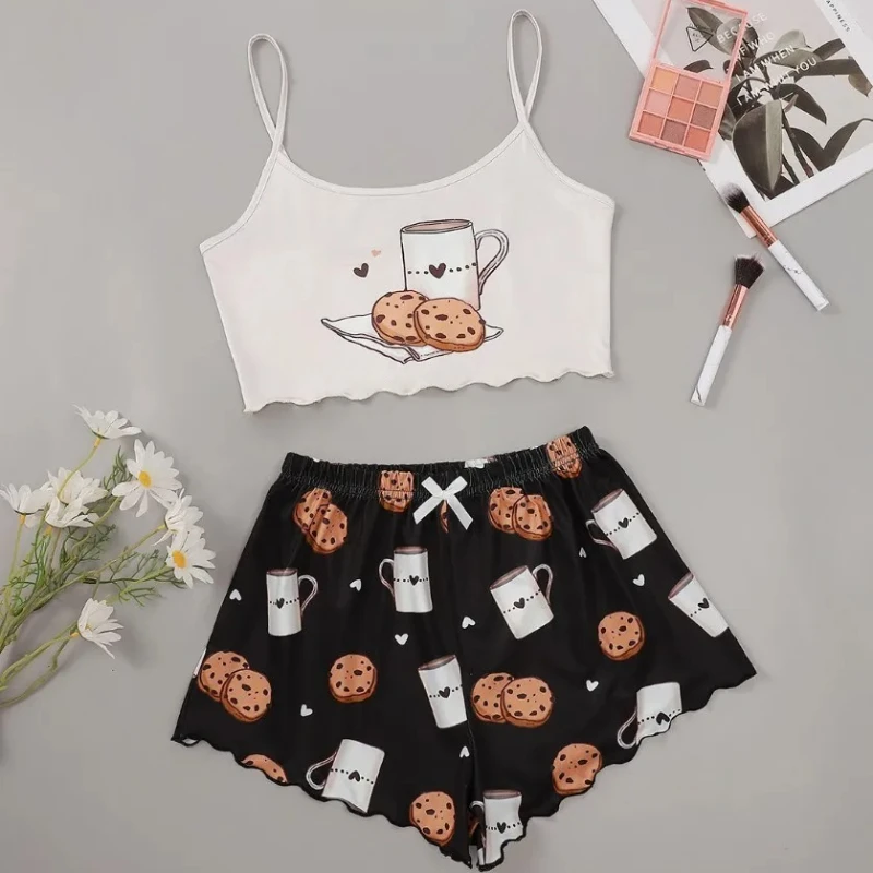 Pijama de satén de seda para mujer, ropa de dormir Sexy, Top con tirantes, pantalones cortos, Conjunto de pijama con estampado de dibujos animados, ropa de casa de 2 piezas