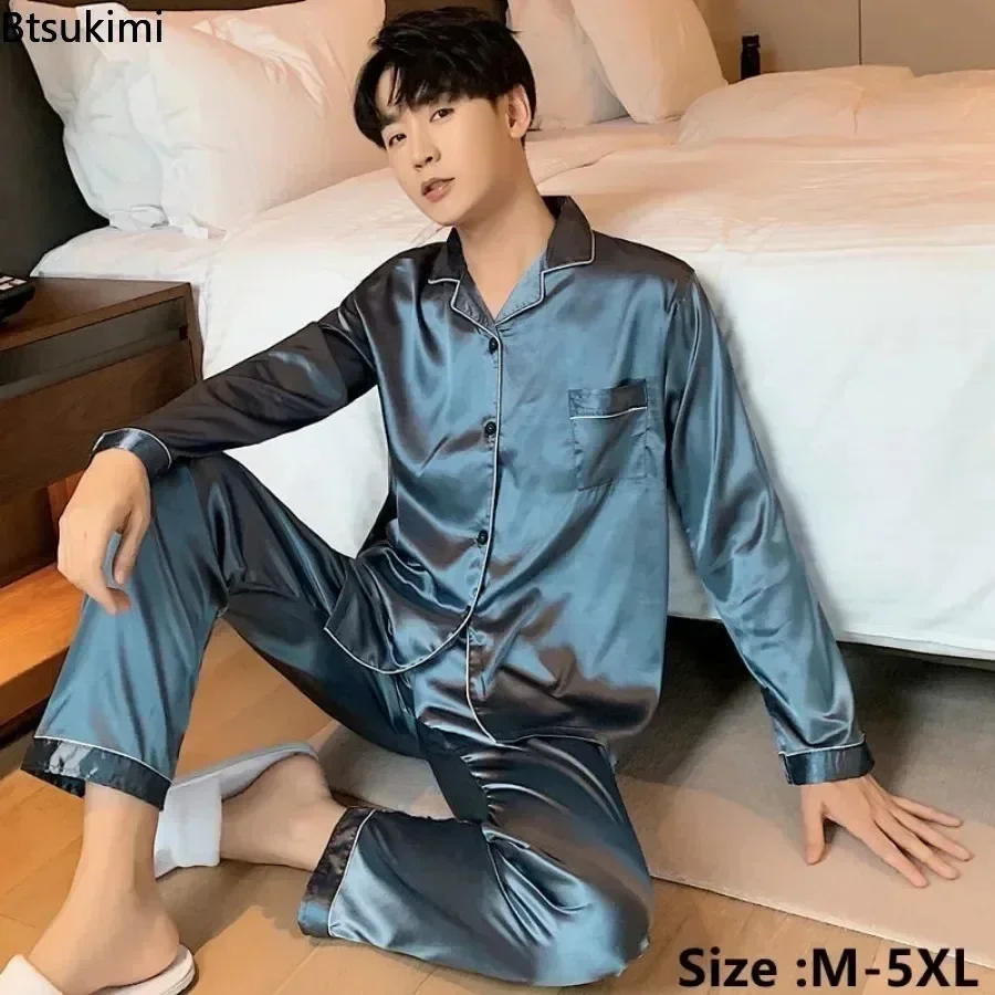 Oversized 5XL Men's Long Sleeve Pajama Sets Comfortable Satin Lapel Cardigan Tops Pants Homewear 2 Pieces Male Lounge Sleepwear