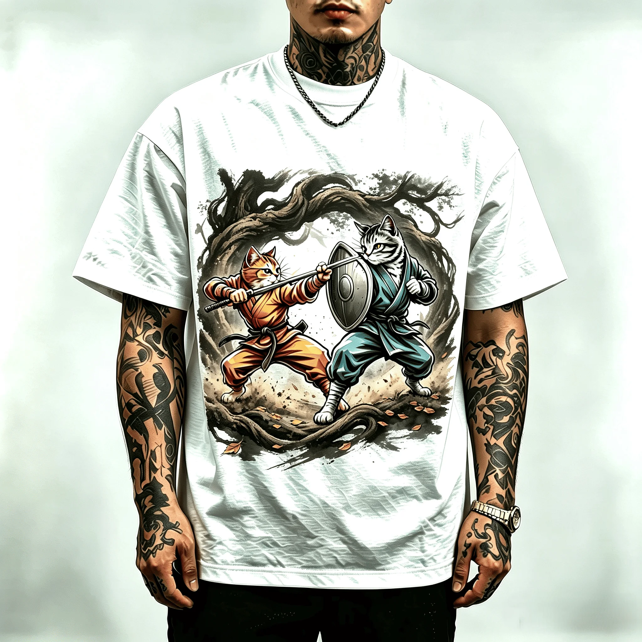 Duel Samurai Cats Graphic T-Shirt Men Women Unisex Vintage Kung Fu Warrior Cat Battle Print Casual Streetwear Short Sleeve Cotton Tee