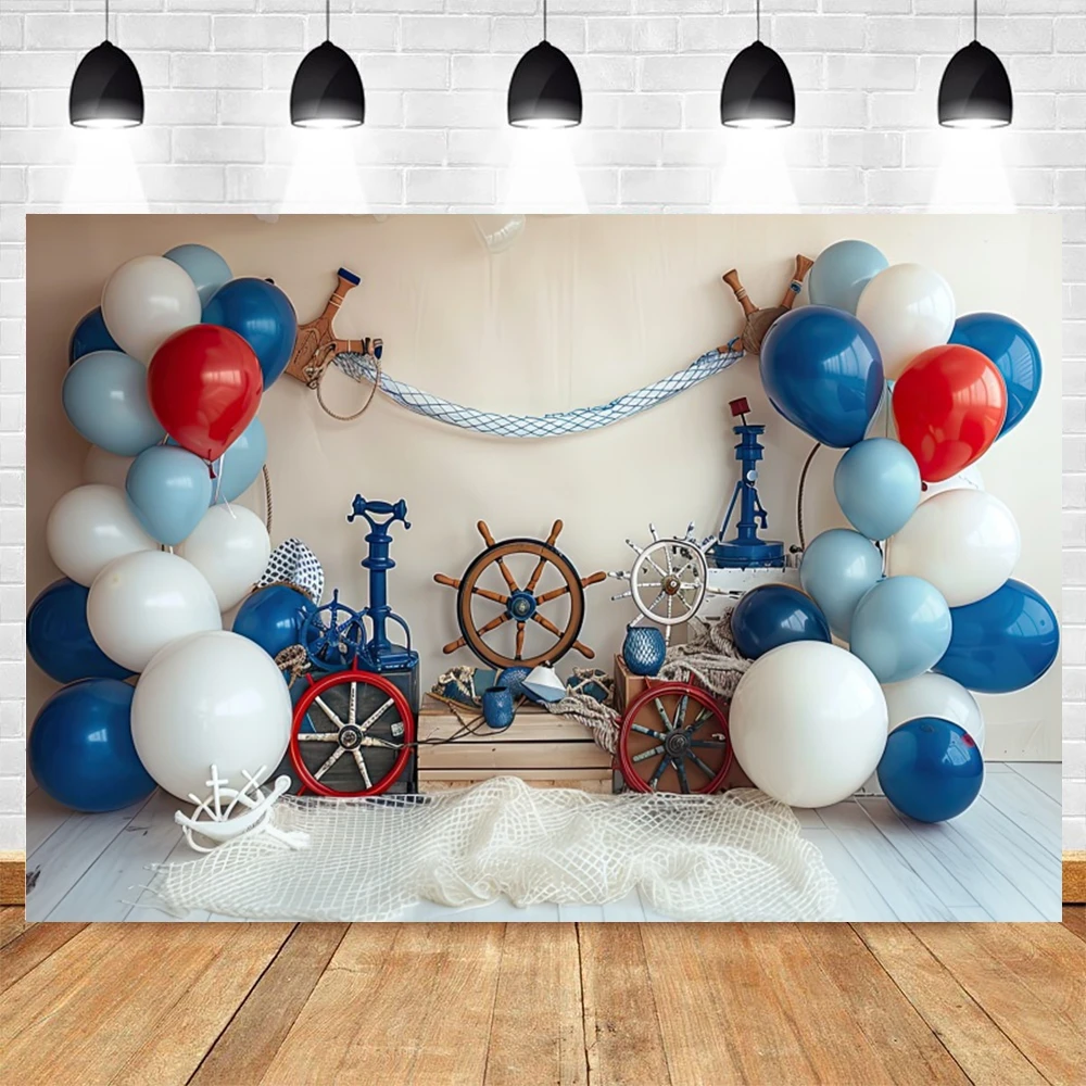 Nautical Theme Birthday Party Photography Backdrop Balloons Anchor Fishing Net Baby Shower Photography Background Photo Studio