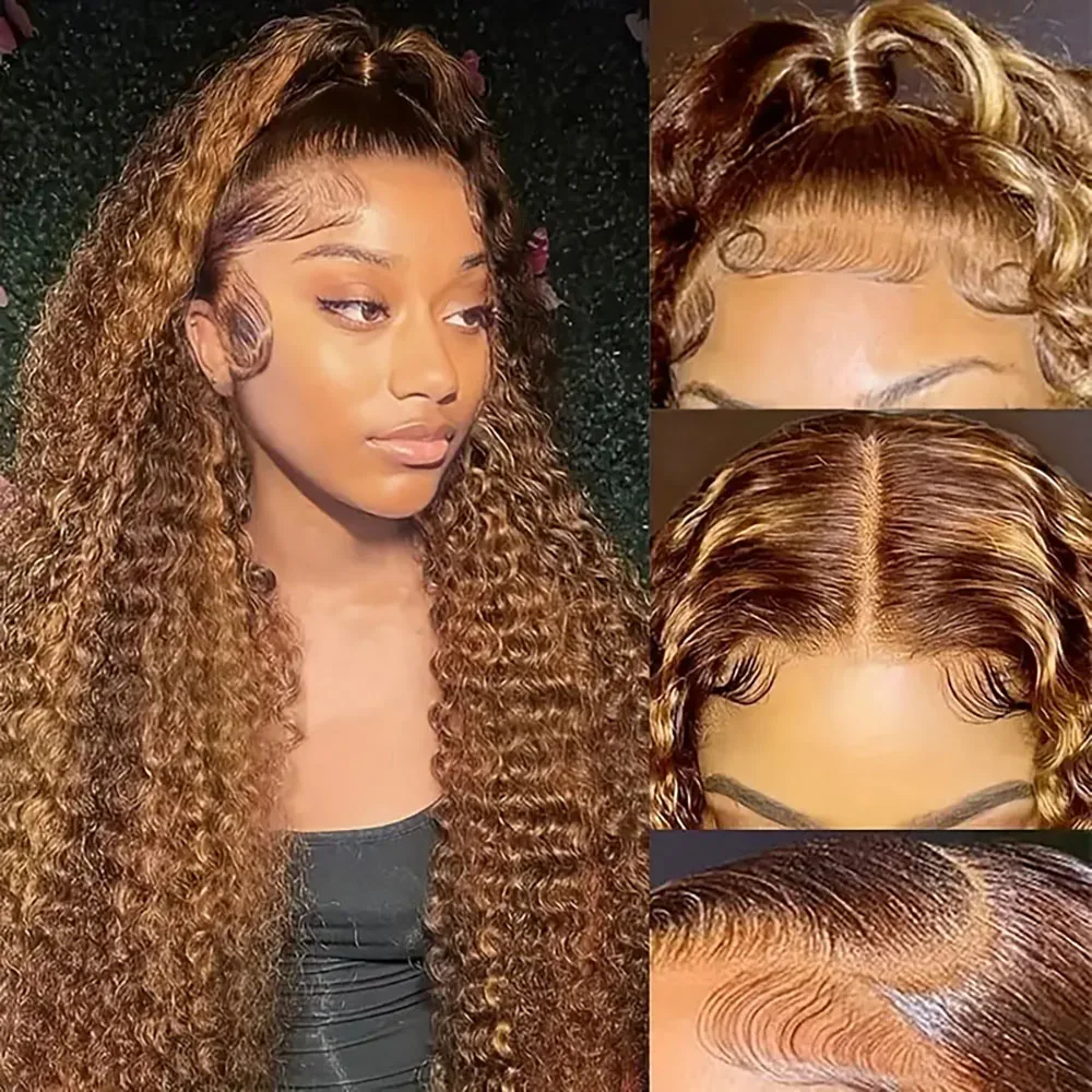 

Ombre Deep Wave Highlight Lace Front Wigs Human Hair Transparent 220Density Honey Blond 13×4 Pre Plucked Lace Frontal Wig 4/27