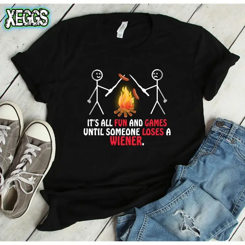 

All Fun And Games Camping T Shirt Camp Fire Pit Fathers Day Glamping Party Summer Hot Dog