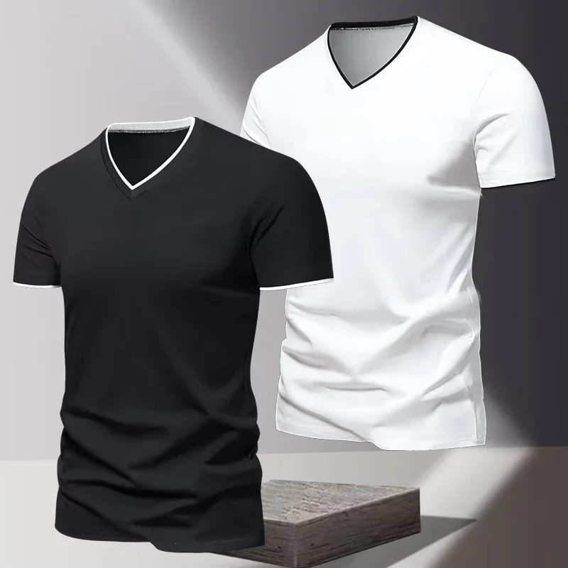 Camiseta de Manga Corta con Cuello en V para Hombre, Camiseta Deportiva y Casual, Camiseta Básica de Color Sólido Moderna y Sencilla