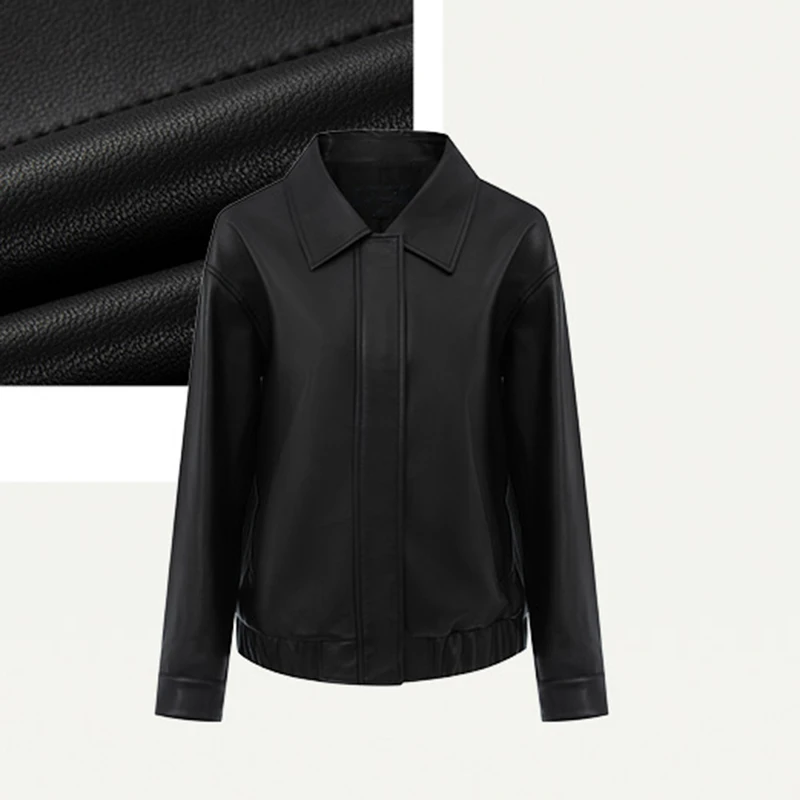 Women's Leather Jacket Autumn High Quality Sheepskin Square Collar Zipper Casual Black Versatile Loose Jaqueta Couro Feminina