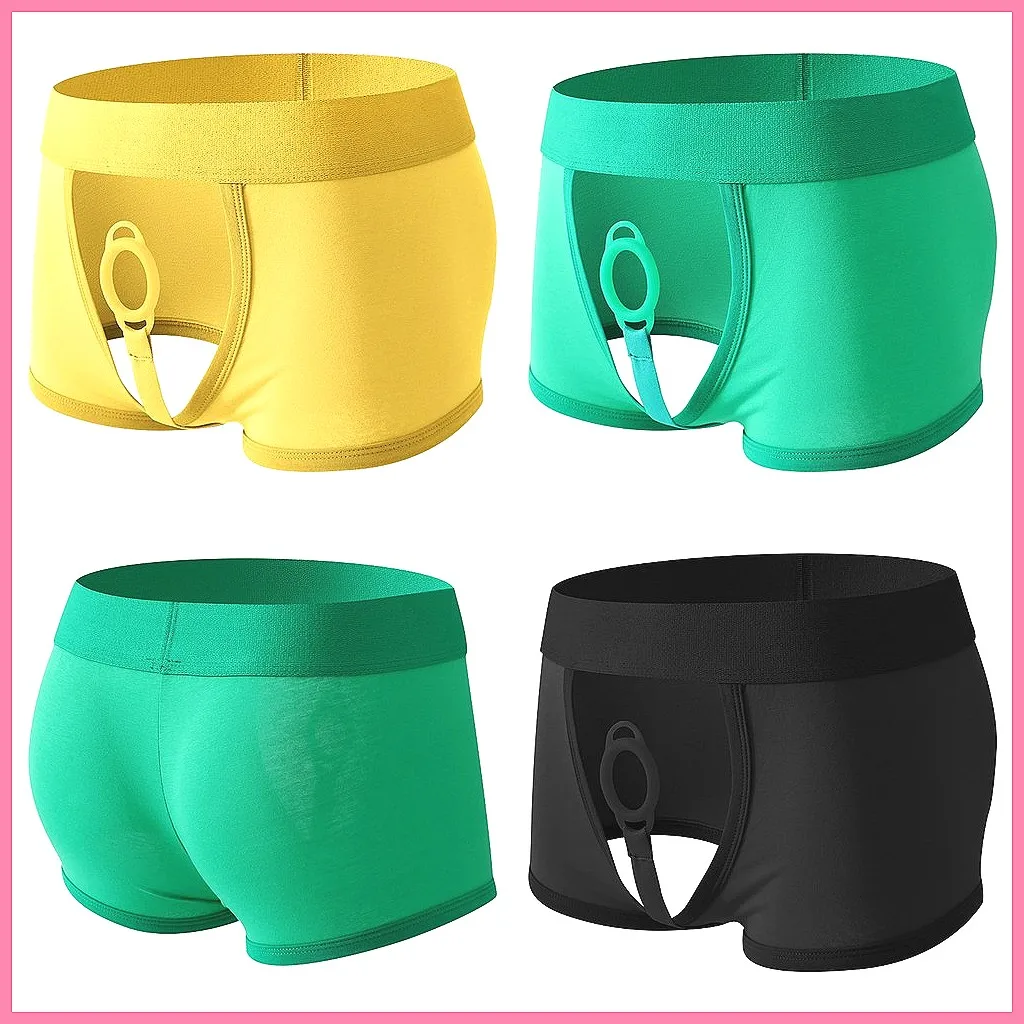 Men's Erotic Open Front Boxer Shorts with Cock Ring, Sensual Crotchless Lingerie for Valentine's Gift