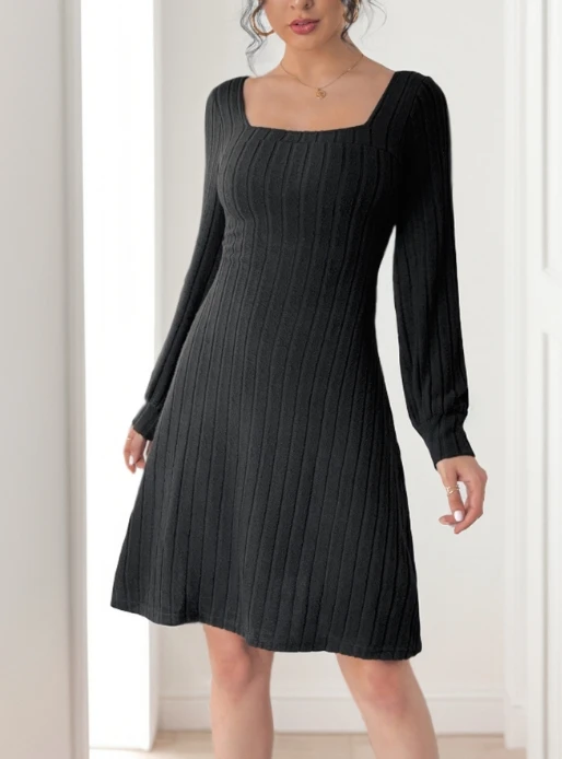 Elegant Dress for Women Knitted Skirt with Brushed Grooves and Slit V-Neck Solid Color Long Sleeved Autumn Dress