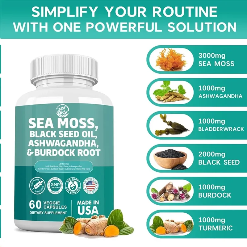 60 capsules 7000mg seaweed 4000mg black seed oil 2000mg Ashwagandha burdock root sea anemone root vitamin C curcumin