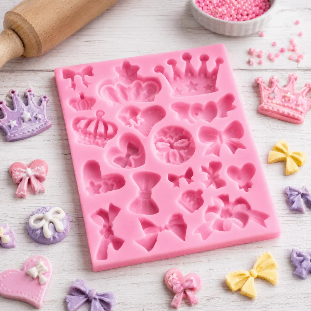 Food Grade Silicone Fondant Mold Crown Bow Design Multiple Cavities Silicone Mold Smooth Surface Heat Resistant Sugar Paste Mold
