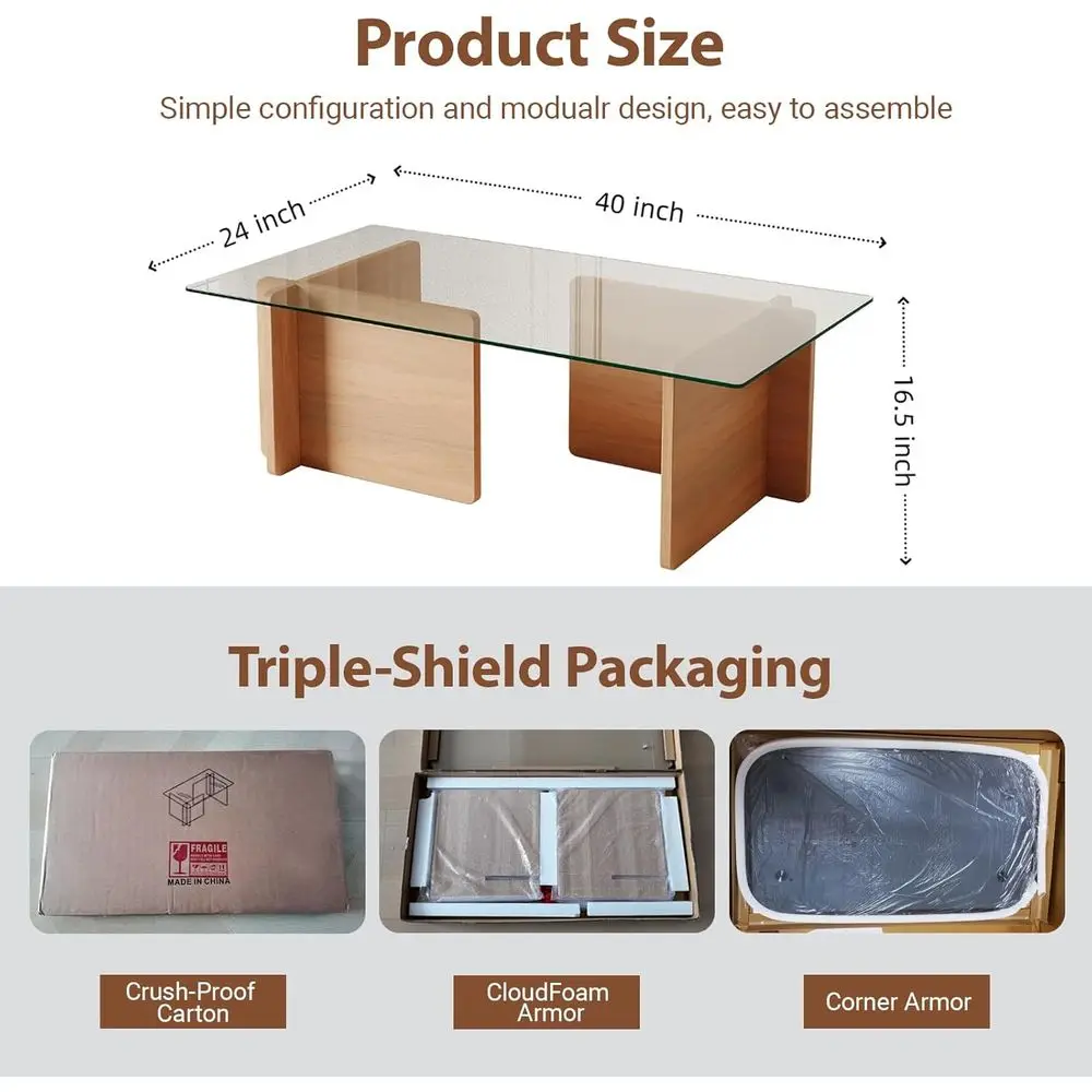 طاولة قهوة فنية مستطيلة من الزجاج المقسى مع قاعدة خشبية هندسية لمساحات المعيشة البسيطة #2