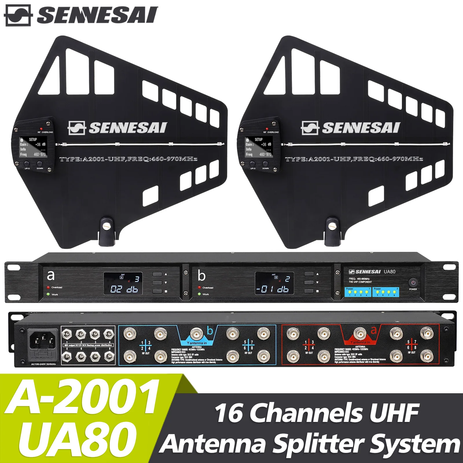 UA80 UHF Antenna Distributor System 460-970MHz RF Signal Booster Directional BNC-BNC Coaxial Cables 16 Channels For Wireless Mic