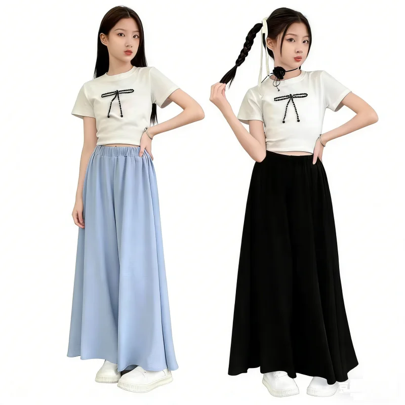 Children Wide Leg Pants Fashion 2026 Summer Kids Casual Thin Cool Cropped Trousers For Teenager Girls Clothes 6 8 10 12 14 Year