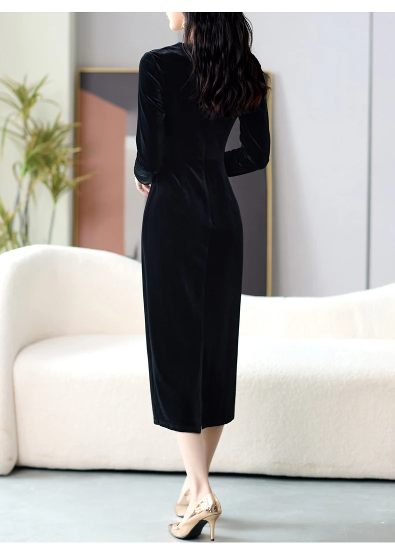 Light Luxury Silk Velvet Dress Spring and Autumn Ladies Temperament Elegant Fashion Mid-length Skirt High-end Business Casual