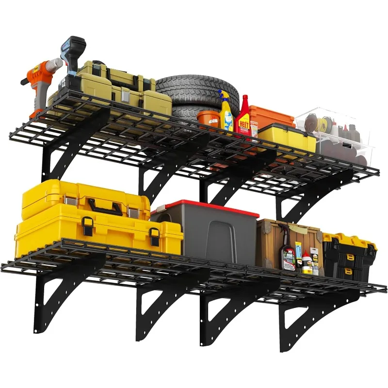 أرفف حائط للمرآب شديدة التحمل مكونة من 4 عبوات مقاس 36 بوصة × 24 بوصة (3 × 2 قدم) تخزين معدني مثبت على الحائط بسعة إجمالية 800 رطل، أسود #1