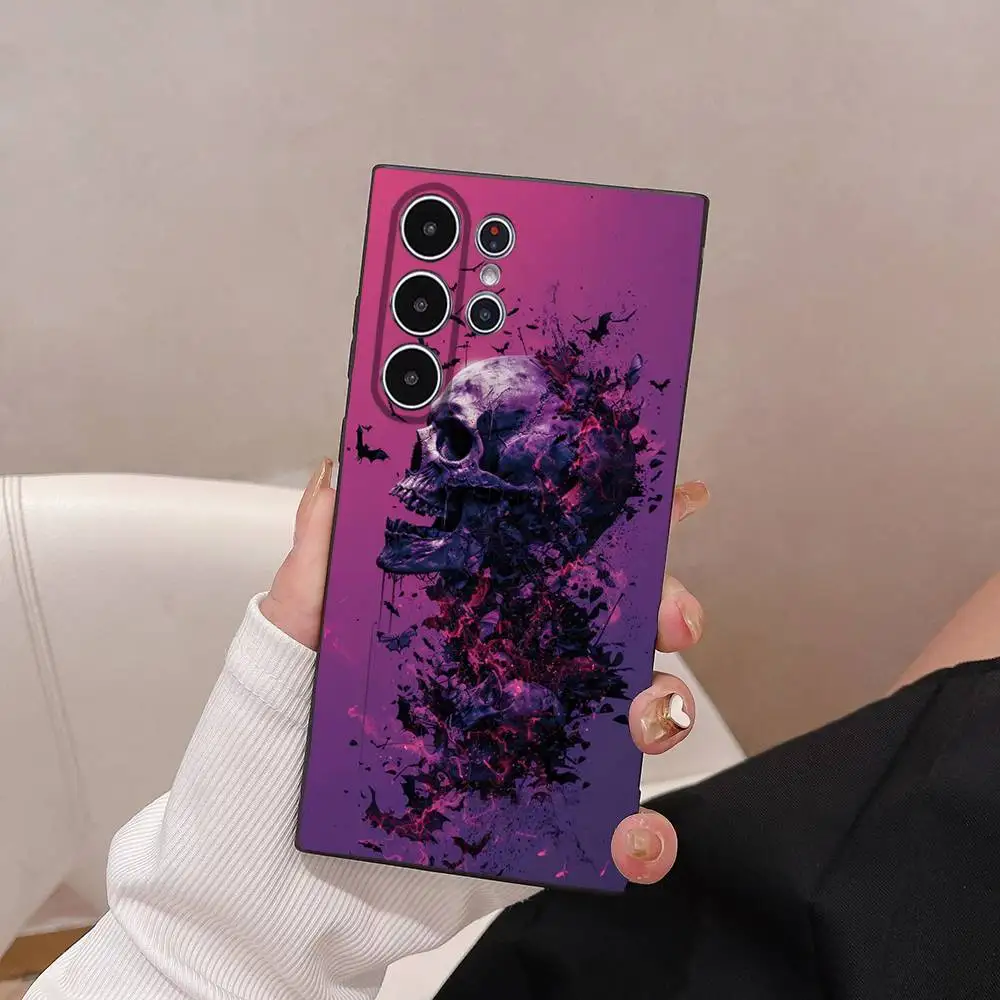 カラフルな骸骨とコウモリのスマホケース、Sシリーズ（S21、S22、S23、S24、S25、FE、Plus、Ultra）対応、TPU素材で肌に優しいソフトケース