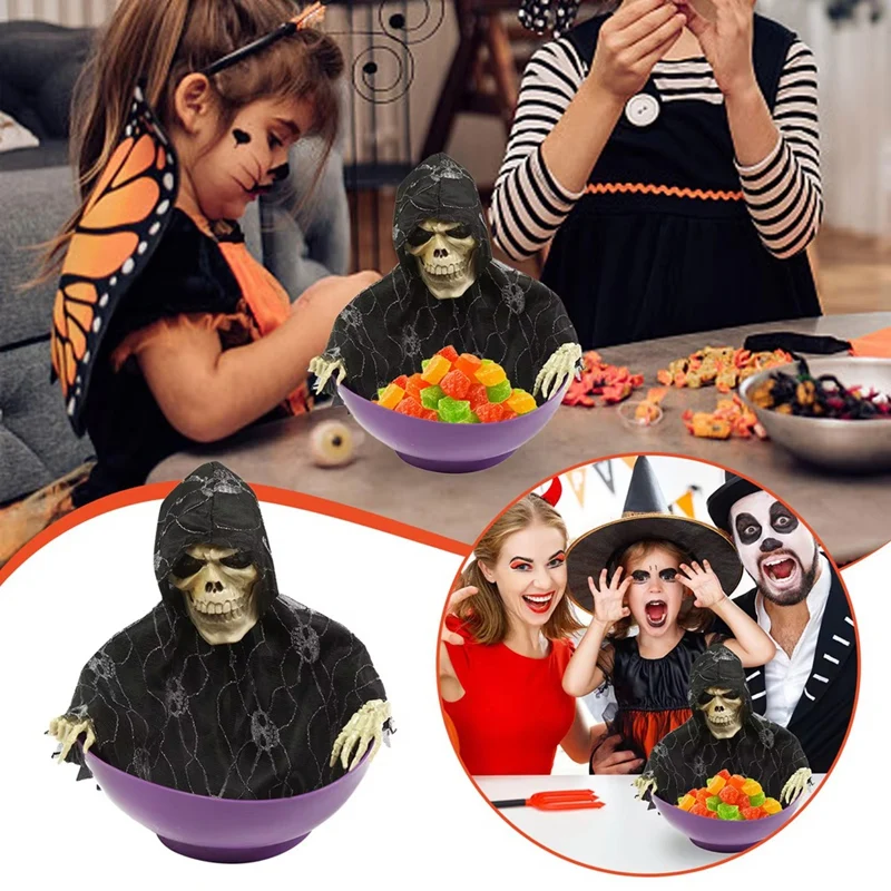 A74E-Halloween Tigela de doces Prato de doces com movimento Tigela de doces de Halloween Tigelas de frutas fantasmas com olhos iluminados e som assustador