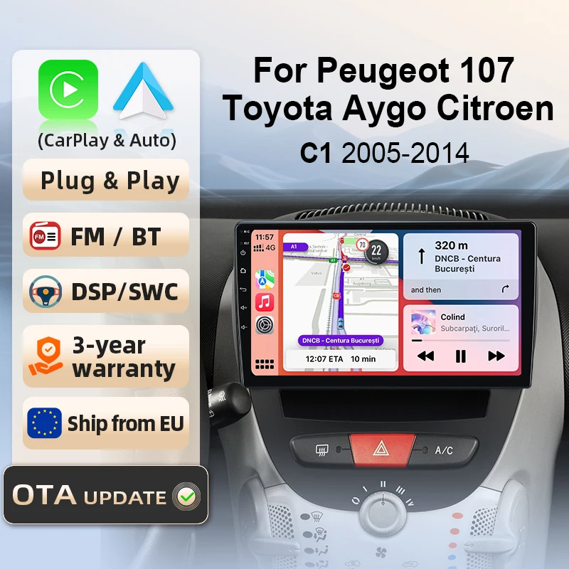 Radio para Auto para Peugeot 107, Toyota Aygo, Citroën 2005-2014, CarPlay Inalámbrico, Android Auto, Sistemas Inteligentes, Pantalla Táctil IPS, DSP, GPS, Navegación, WiFi, DAB+, RDS, FM/RAM, BT, SWC