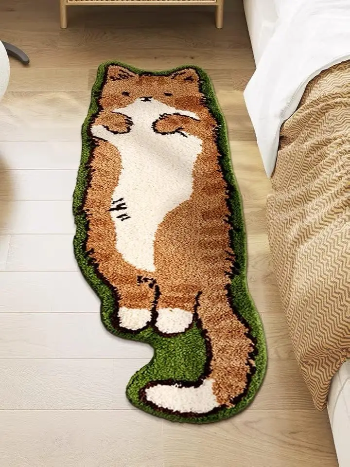 Vikama Cat Rug  For Bedroom,Cute and Funny Kids Pets Rug Modern Printed White Irregular Shape Cartoon Imitation Cashmere Carpet