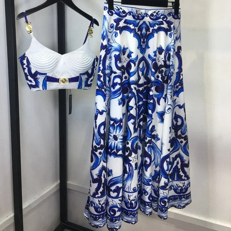 New Print Sling Skirt Big Hemline Dress Two-piece Set Boho Holiday Blue And White Porcelain Set Elegant Long Skirt Dress Suits