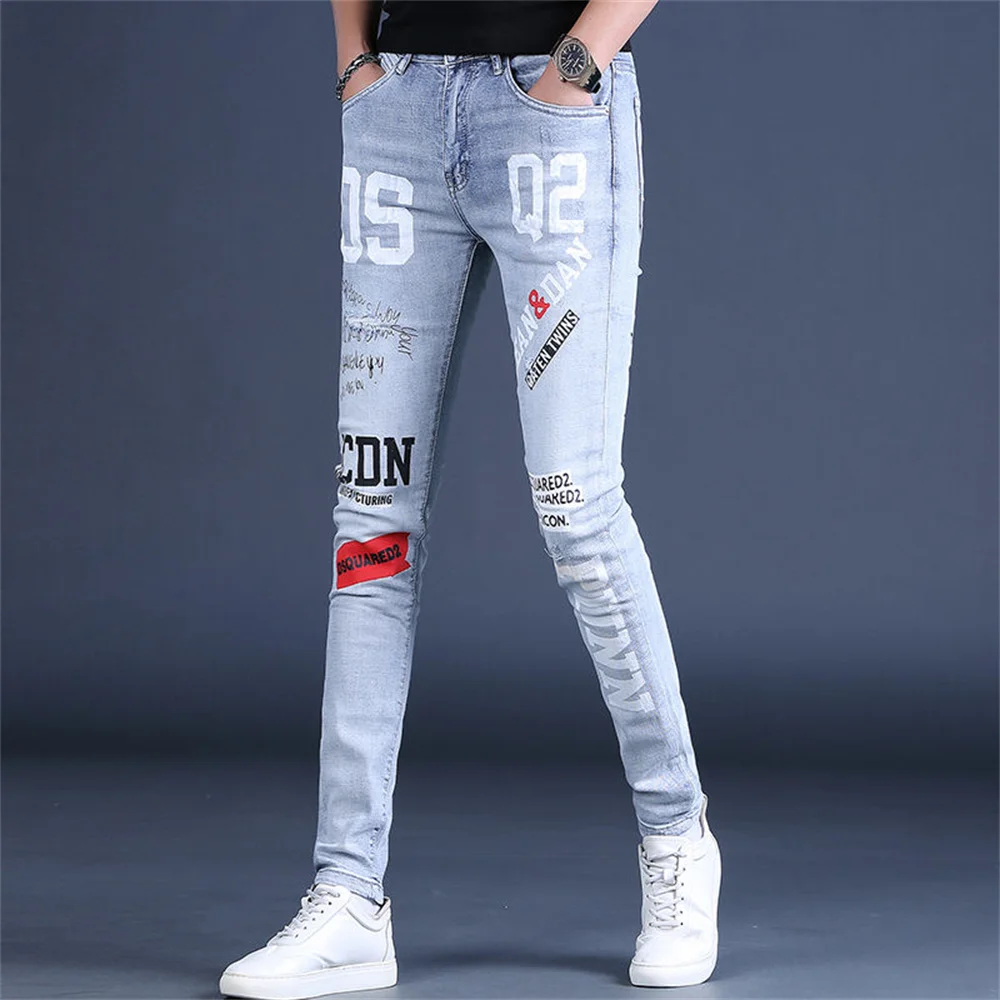 High Street Washed Holes Made Old Jeans Man Patches Cashew Flower Contrast Slim Fit Pencil Feet Casual Denim Pants Men