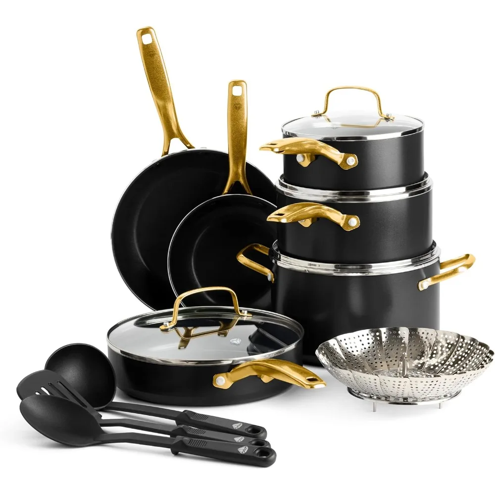 Gold 14 Piece Cookware Set, Ceramic Nonstick, PFAS Free, PFOA Free, Induction Suitable, Dishwasher Safe, Gold Handle