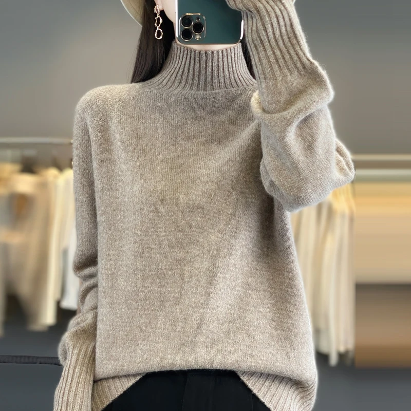 2024 Autumn/Winter New Fashionable Knitted Half High Neck Side Vertical Pattern Slimming Woolen Sweater