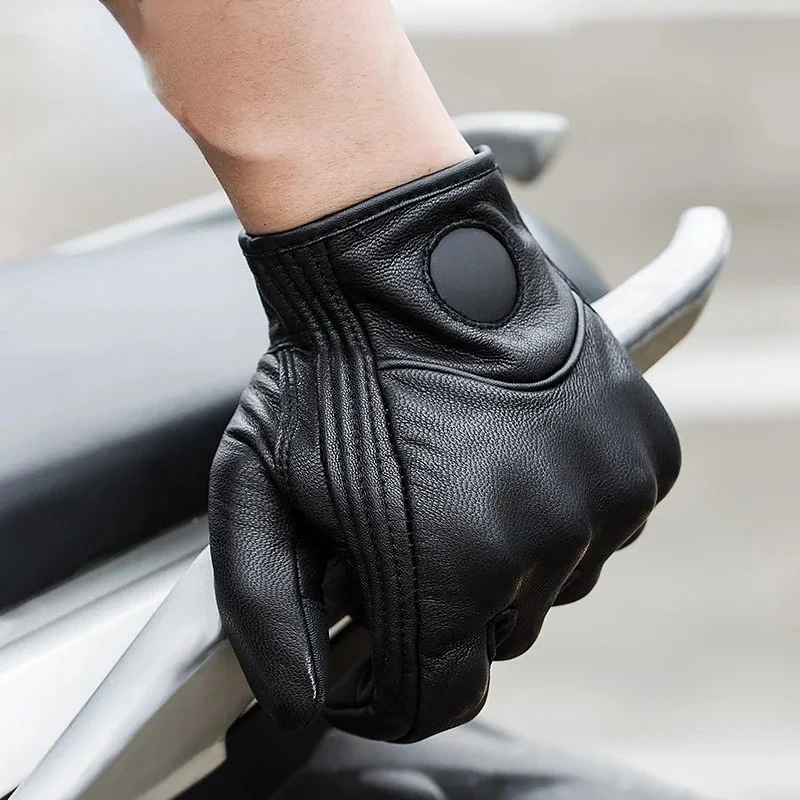

Новые кожаные мотоциклетные перчатки для мужчин, дышащие перфорированные летние перфорированные сенсорные экраны, совместимые винтажные мотоциклетные перчатки на кончиках пальцев