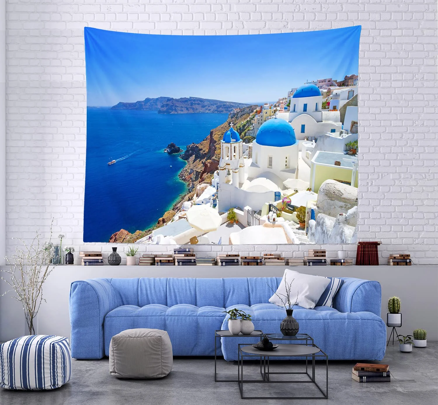 VIKAMA Santorini Blau-Weißer Stadt-Wandteppich Griechische Ägäis-Meeres-Landschaft Wandbehang für Wohnzimmer, Schlafzimmer & Ferienhaus-Dekoration