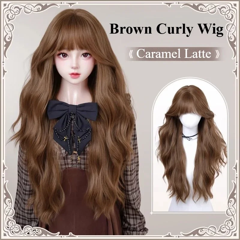 Caramel Latte Brown Curly Water Wave Wig Female Headband French Bangs Fall and Winter Long Curly Hair Retro Synthetic Wigs