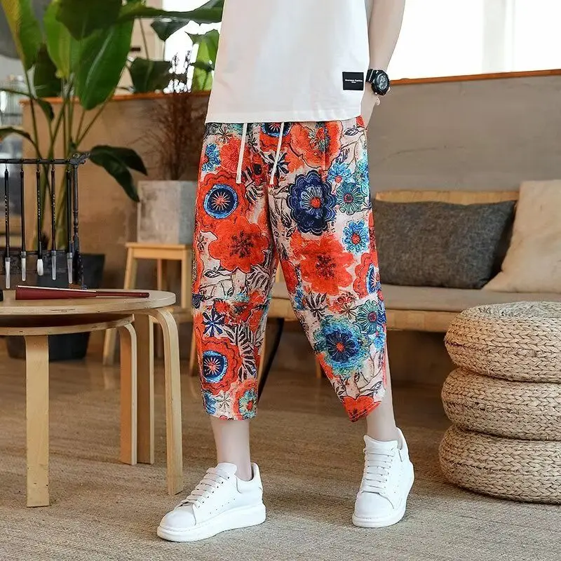 

Vintage Printed Spliced Pockets Casual Harem Pants Men's Clothing Summer New Loose Elastic High Waist Beach Capri Pants