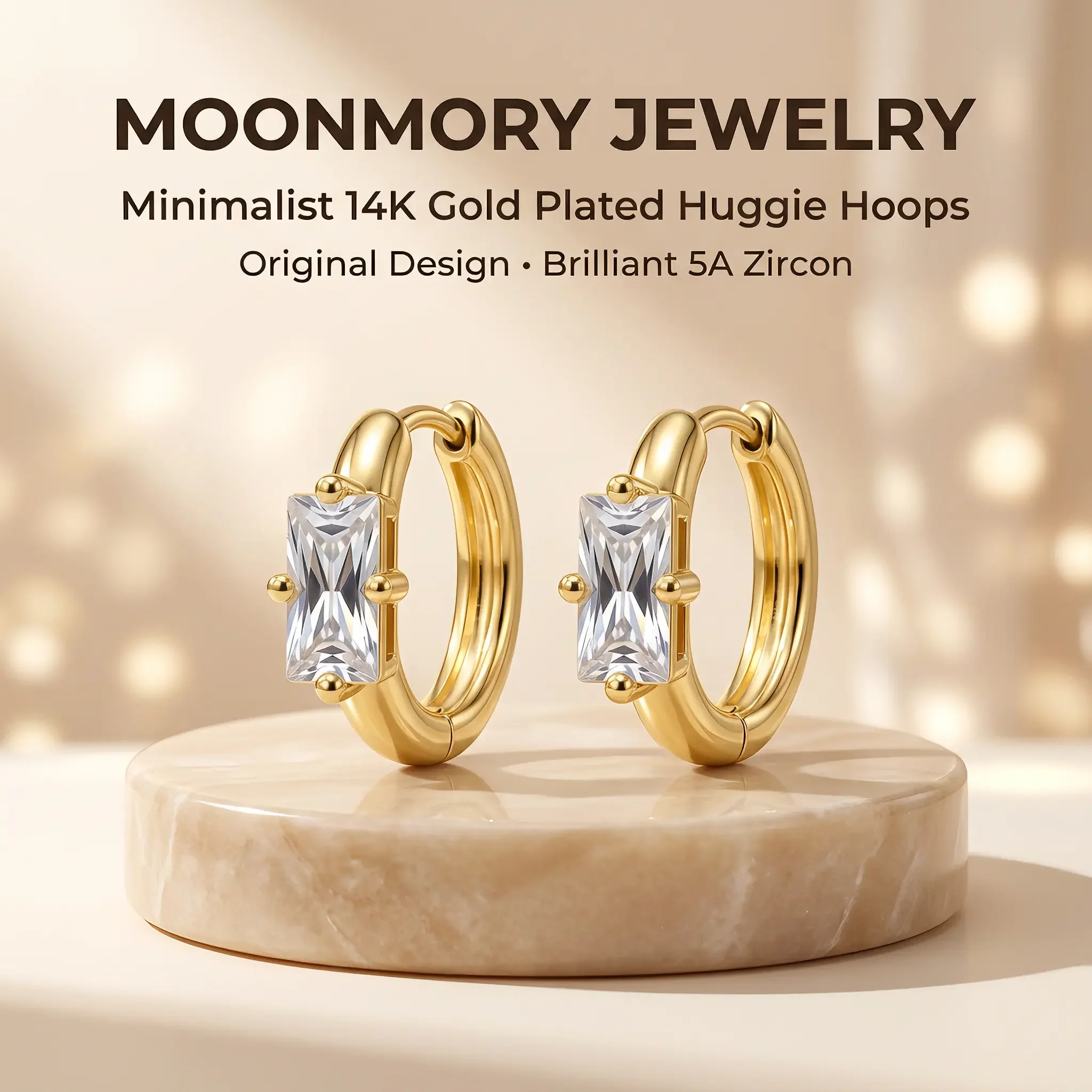 Moonmory Original Design Schmuck Minimalistische Rechteckige Huggie-Ohrringe für Damen 5A Messing 14K Doppel-Goldplattierung Geschenk-Ohrringe – Detail 3
