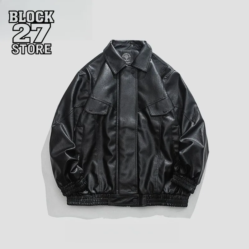 

Mens Jacket Harajuku Spring Autumn Faux Leather Coat Lapel Solid Color Plus Size Loose Fit Hong Kong Style Streetwear Fashion