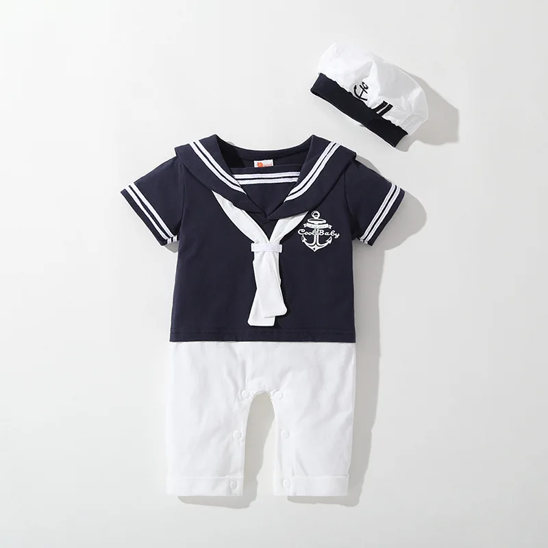 Baby Navy Romper Summer Newborn Kids Boys Girls Sailor Jumpsuit Hat 2Pcs Body Short Sleeve Anchor Printed Suit 70cm 80cm 90cm