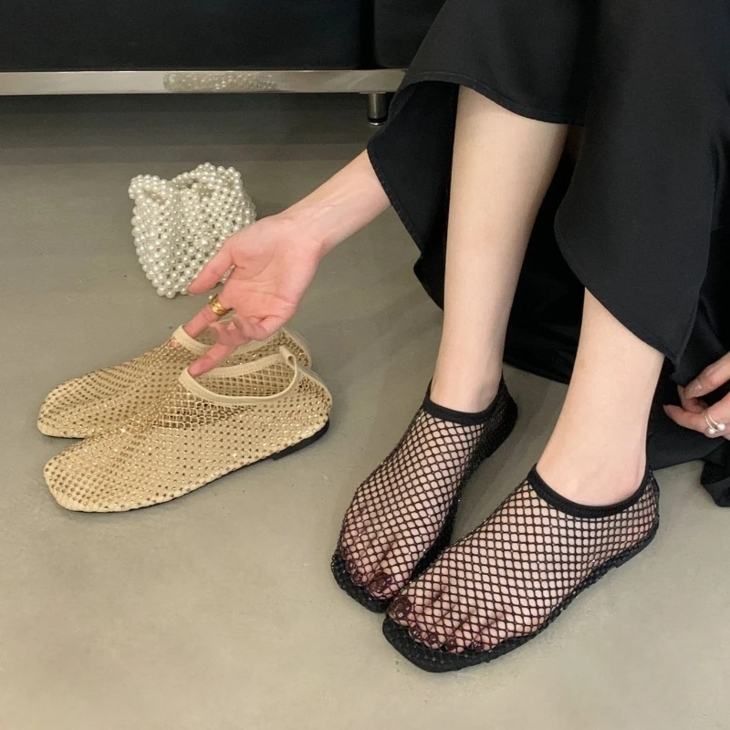 

Mesh Rhinestone Designer Sandals Women Comfort Slip on Breathable Luxury Net Boots Summer New Non-slip Casual Flat Beach Shoes
