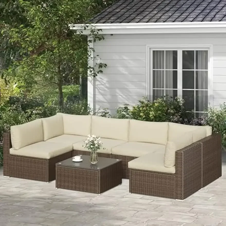 

7PCS Sectional Sofa Outdoor All Weather Brown PE Wicker Furniture Set, Paito Conversation Sofa Set w/ Glass Table,Beige Cushions