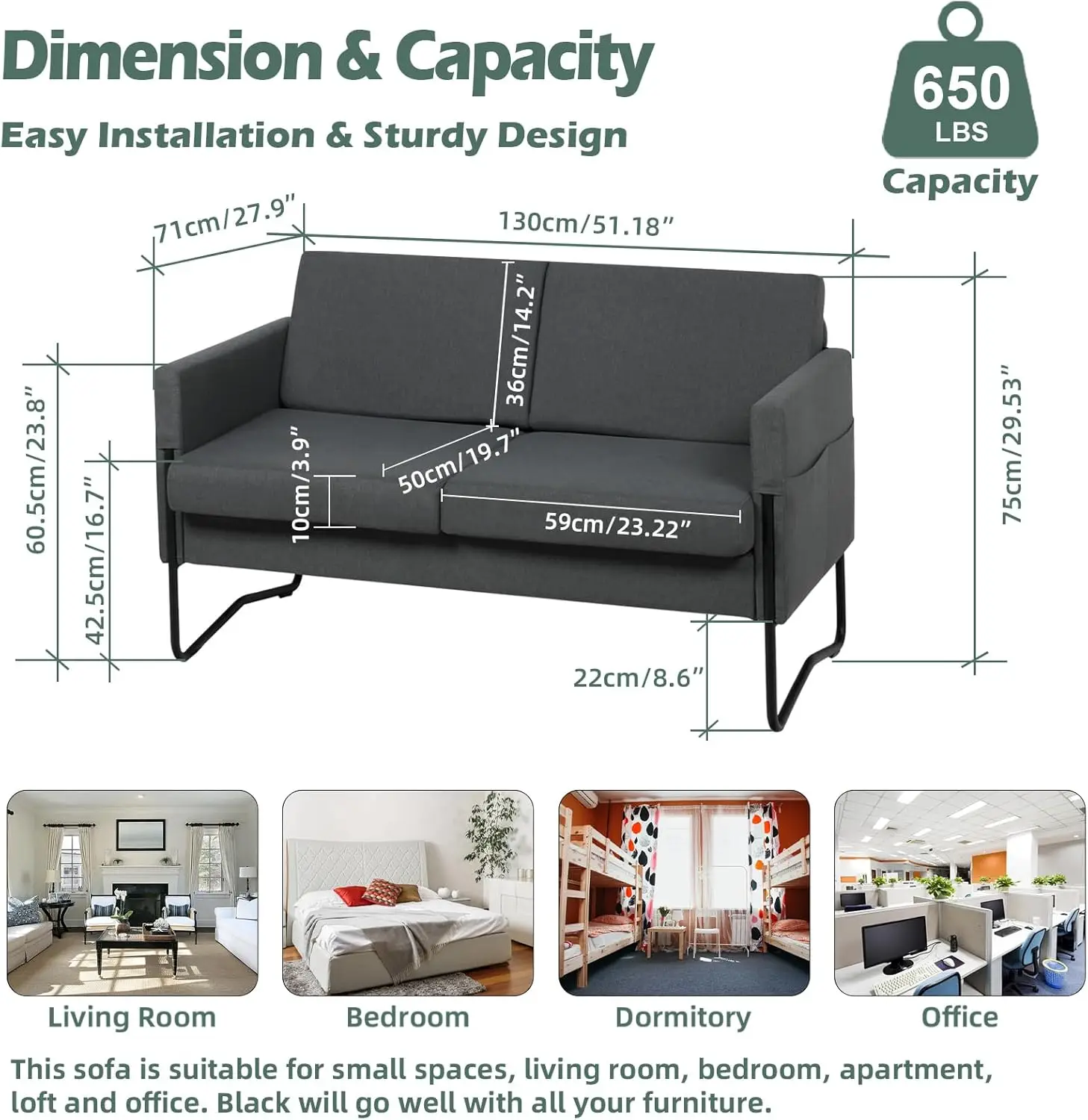 STHOUYN 51” Small Loveseat Sofa for Small Spaces, Comfy Grey Couch with 2 USB Ports, Modern 2 Person Couch Loveseats