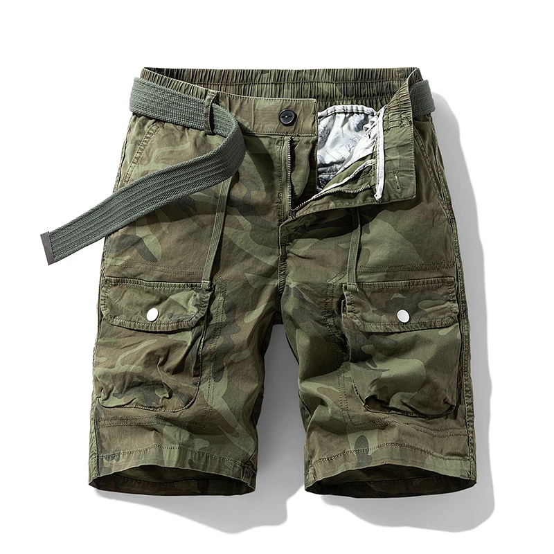 Moda baggy cinco quartos calças verão camuflagem carga shorts multi-bolso perna reta casual cintura elástica masculina