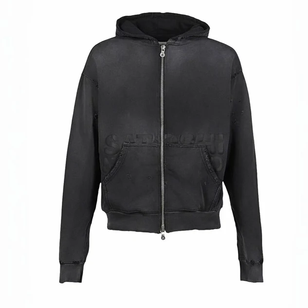 Satoshi Nakamoto 2026 Men's Black Jacket Distressed Logo Zip Hoodie Washed 3D Puff Graphic Letter Hooded Sweatshirt